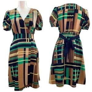 The Webster Miami V-Neck Puff Sleeve Geo Faux Wrap A-line Dress Medium Geometric